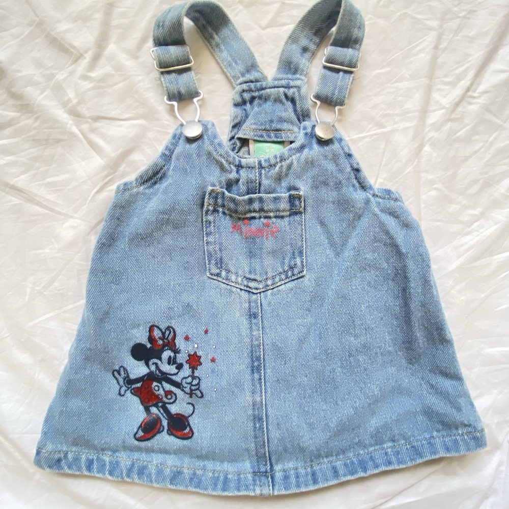 Disney Vintage Minnie Mouse Denim Overall Dress Baby Girls 0-3M Blue Y2K 16435